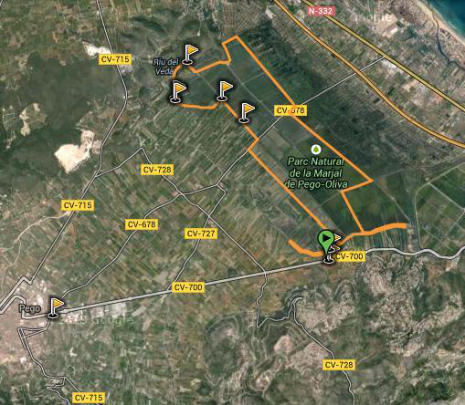 Mapa ruta en bicicleta per la marja Pego Oliva